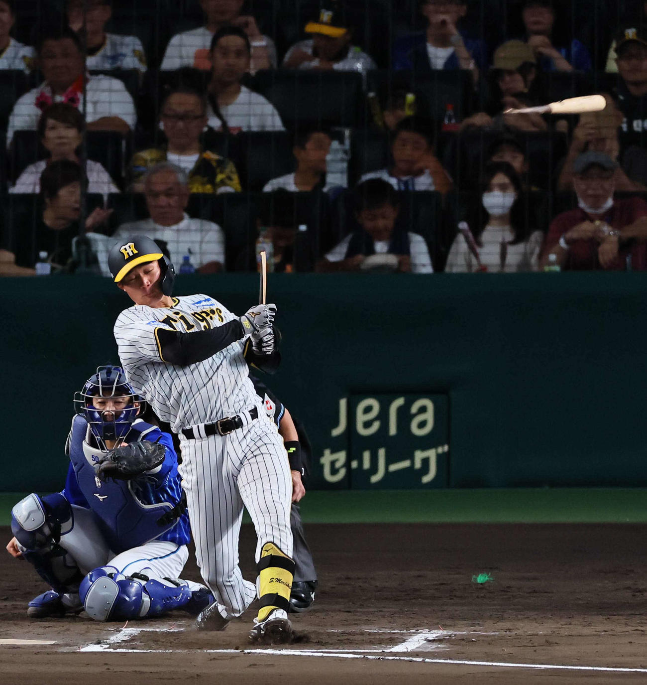 阪神対DeNA 6回裏阪神無死一塁、森下のバットが折れスタンドに飛び込む（撮影・上田博志）