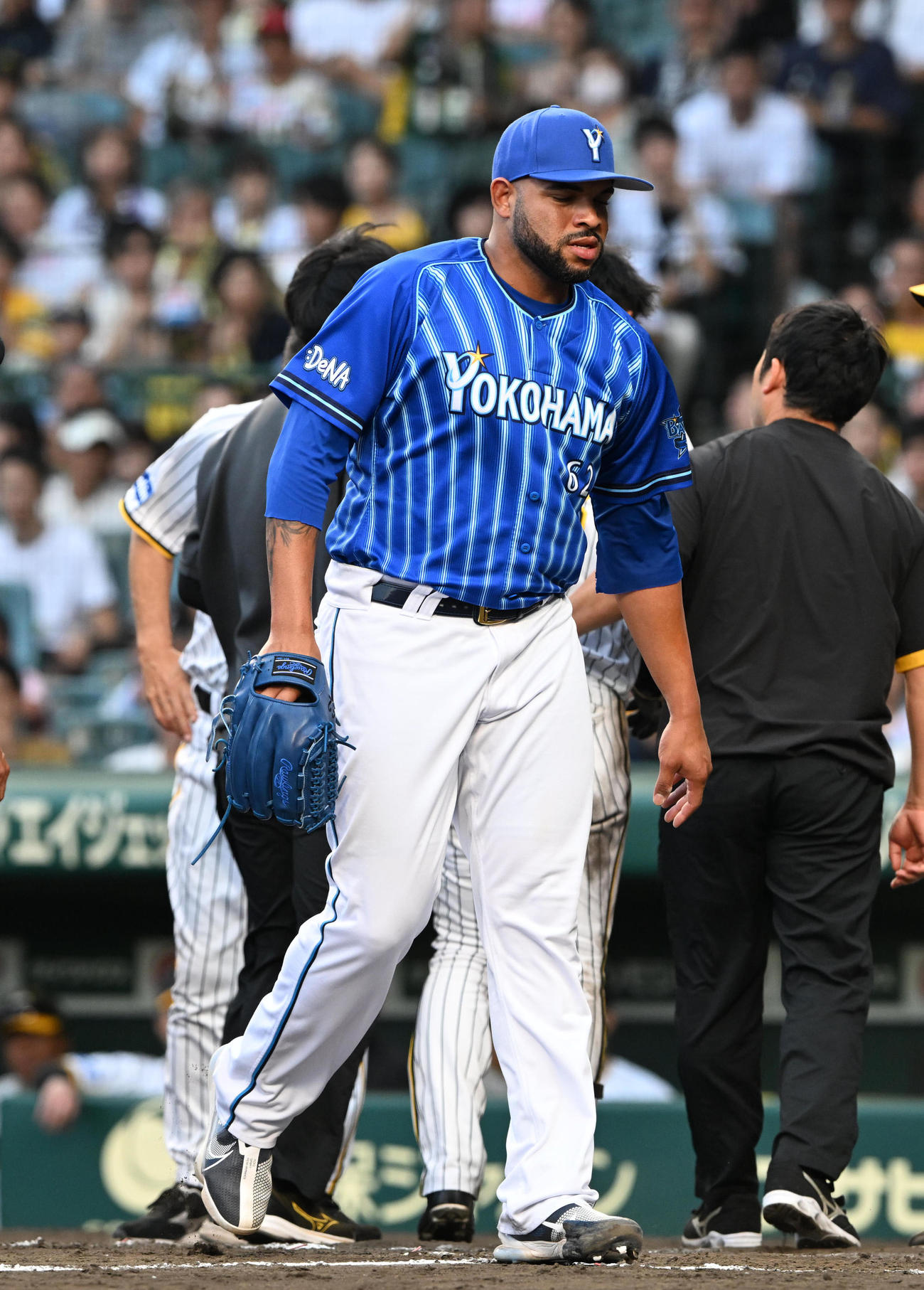 阪神対DeNA 9回裏阪神2死、島田への危険球で退場するエスコバー（撮影・前岡正明）