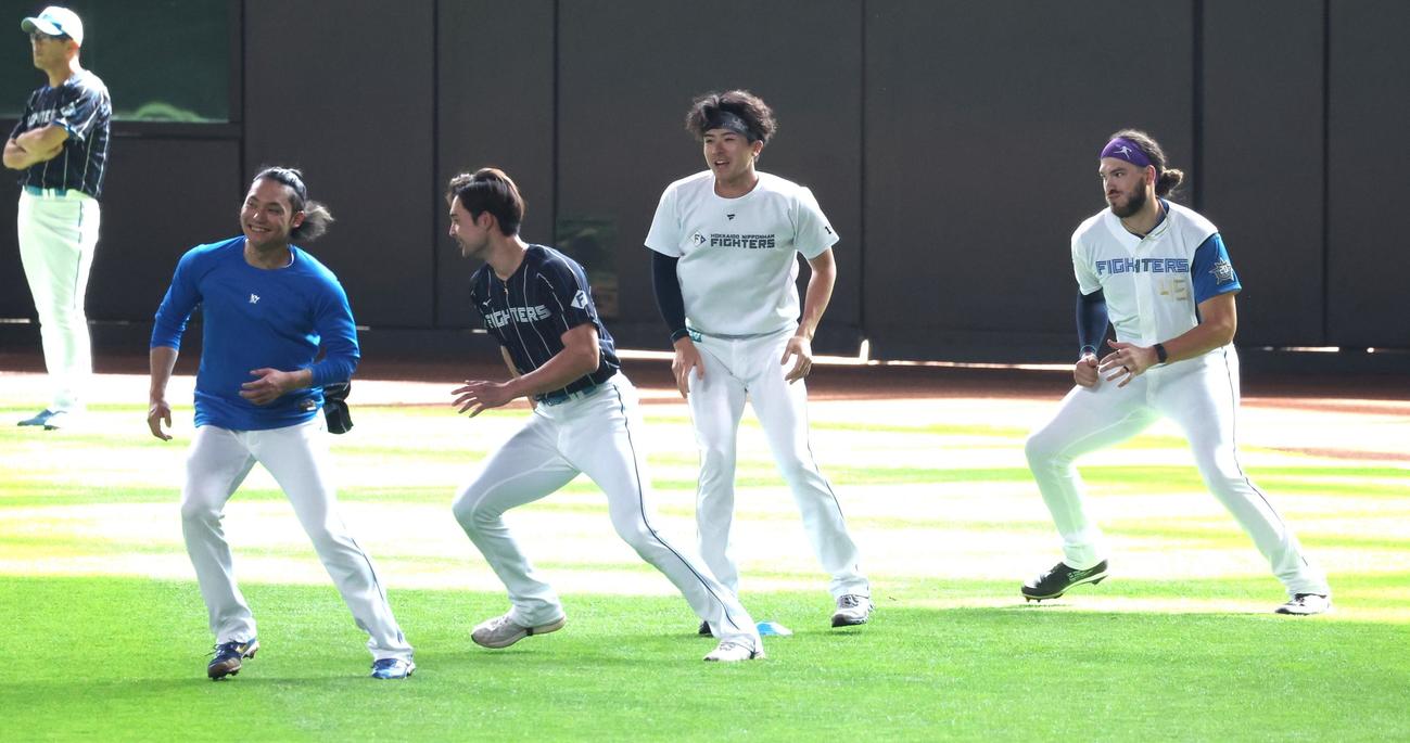 フィジカルトレーニングする左から伊藤、上原、上沢、ポンセの日本ハム投手陣（撮影・黒川智章）