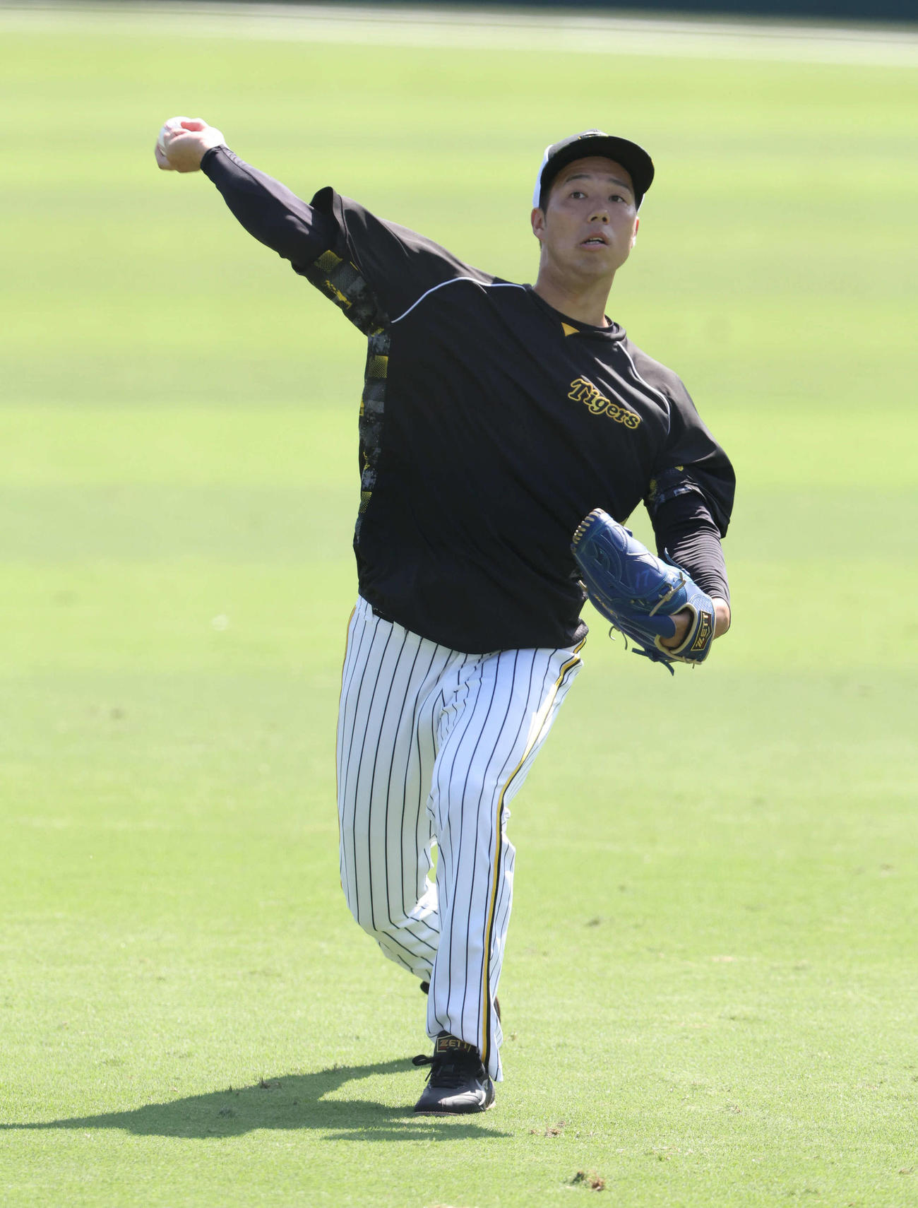 投手指名練習でキャッチボールする阪神青柳（撮影・白石智彦）