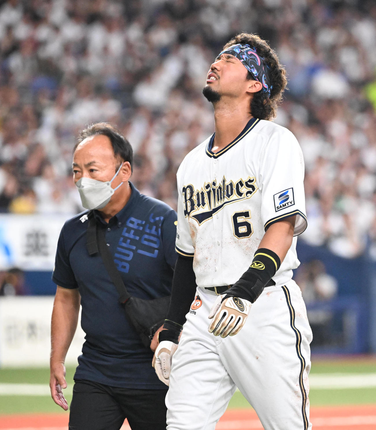 オリックス対ロッテ　6回裏オリックス1死二、三塁、自打球を当てた宗（撮影・和賀正仁）
