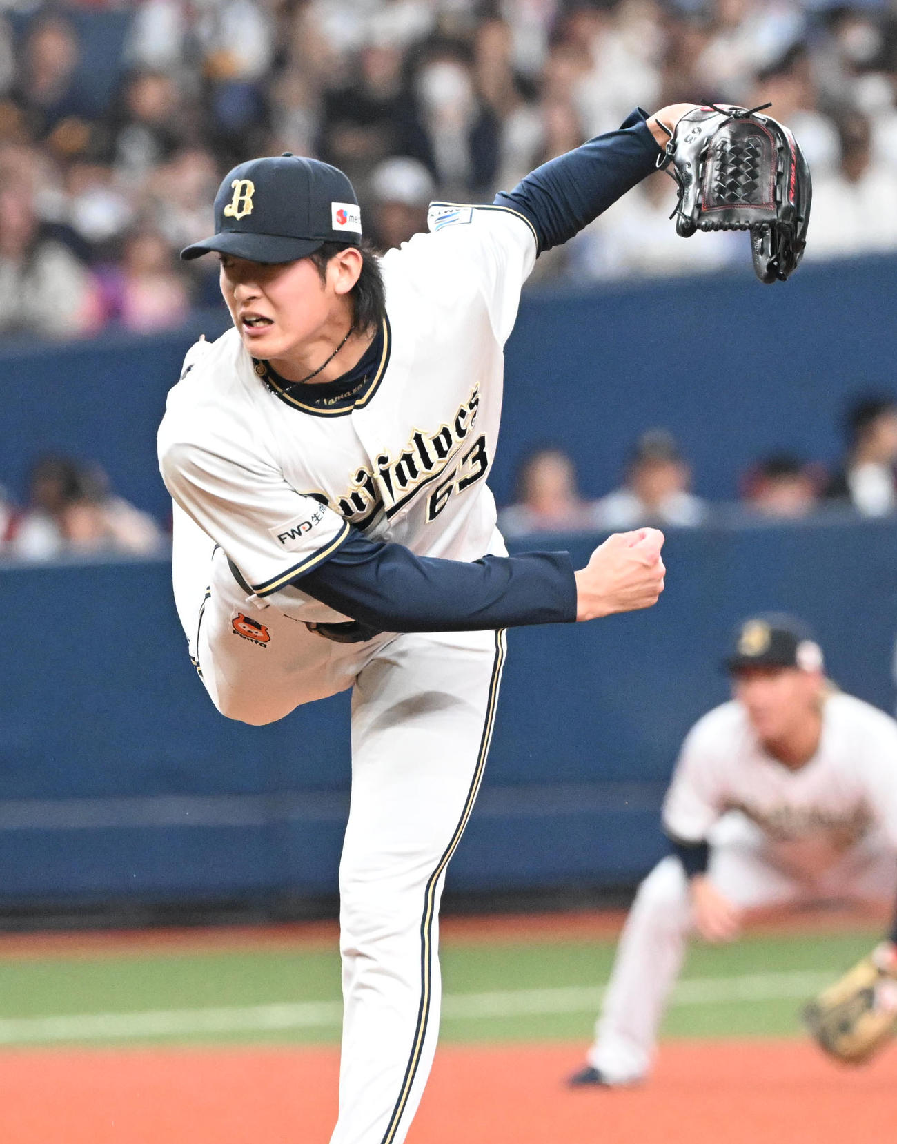 オリックス対ロッテ　9回に登板するオリックス山崎颯（撮影・和賀正仁）