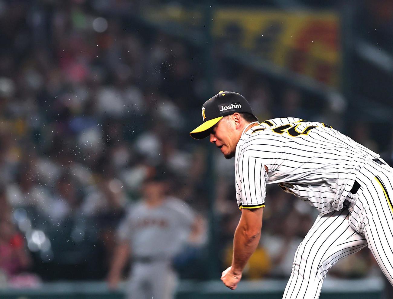 阪神対巨人　汗を飛ばしながら力投する伊藤将（撮影・上田博志）