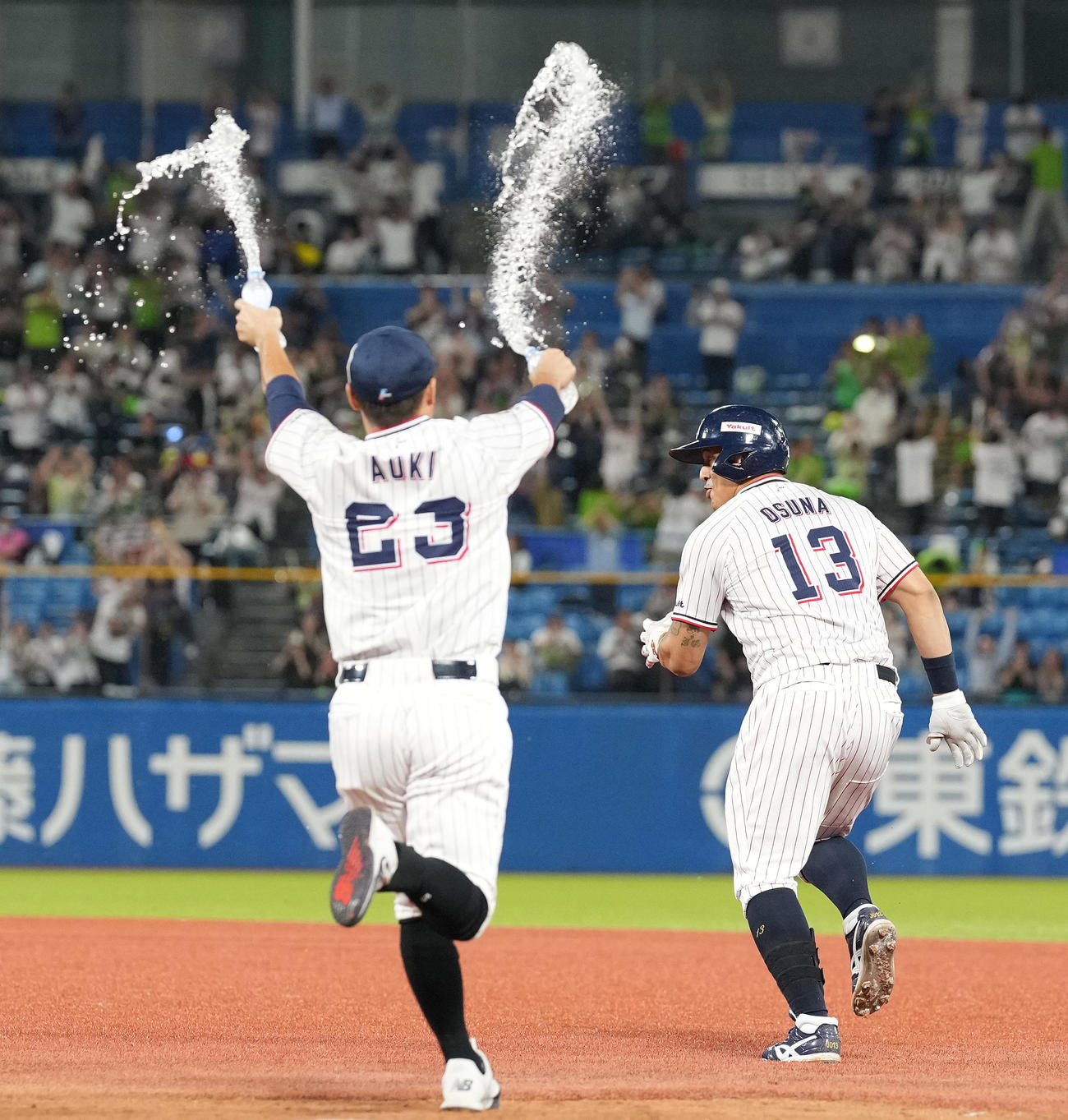 ヤクルト対中日　9回裏ヤクルト1死満塁、サヨナラ打を放ったオスナは水をかける青木（左）らナインから全力で逃げる（撮影・鈴木みどり）
