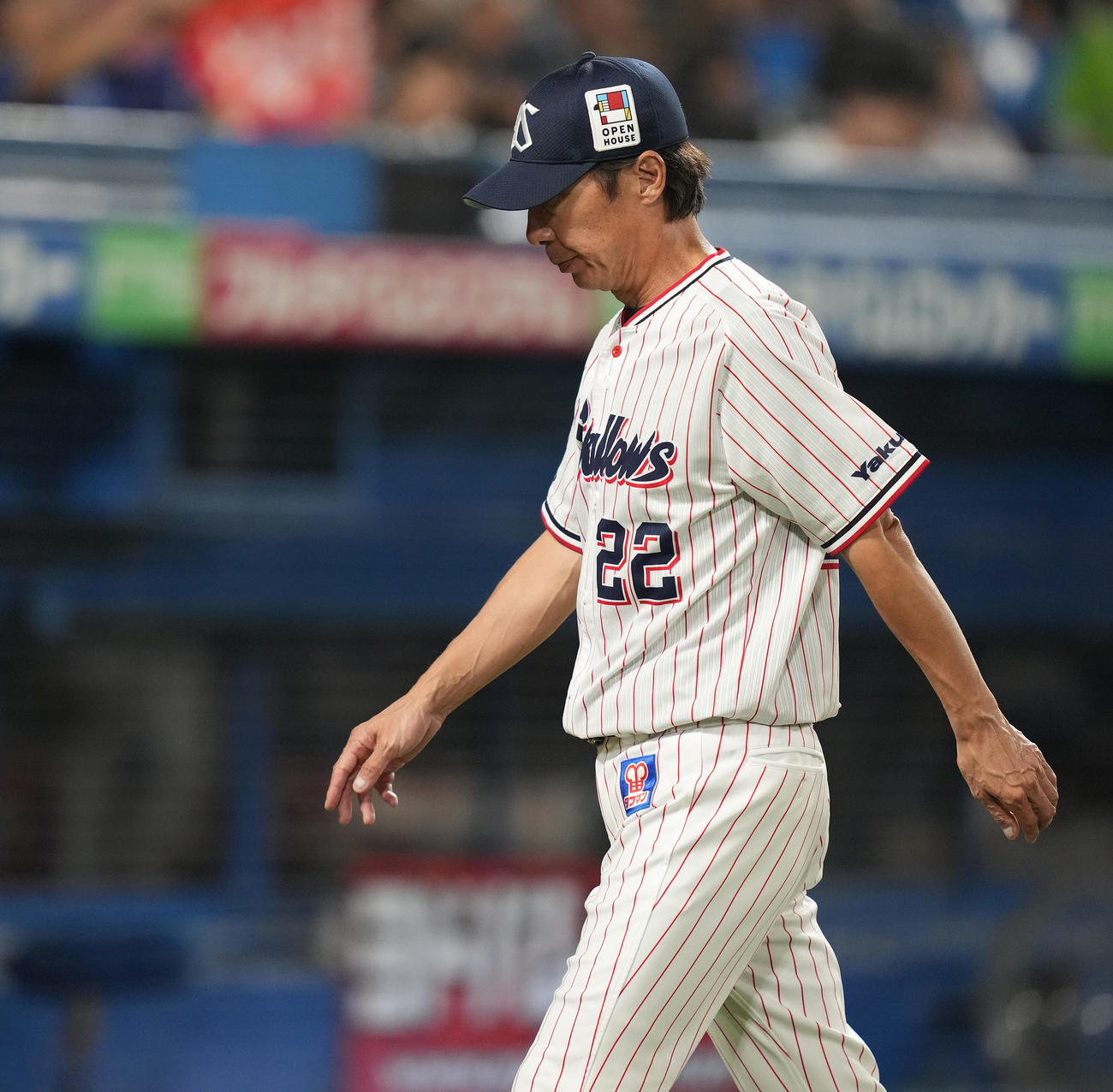 ヤクルト対中日　7回表の交代を告げ、うつむきながらベンチへ戻るヤクルト高津監督（撮影・鈴木みどり）