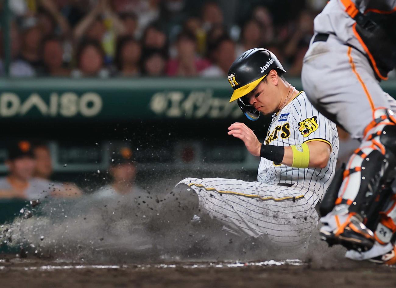 阪神対巨人　8回裏阪神2死二、三塁、佐藤輝はノイジーの中前勝ち越し2点適時打で生還する（撮影・上田博志）