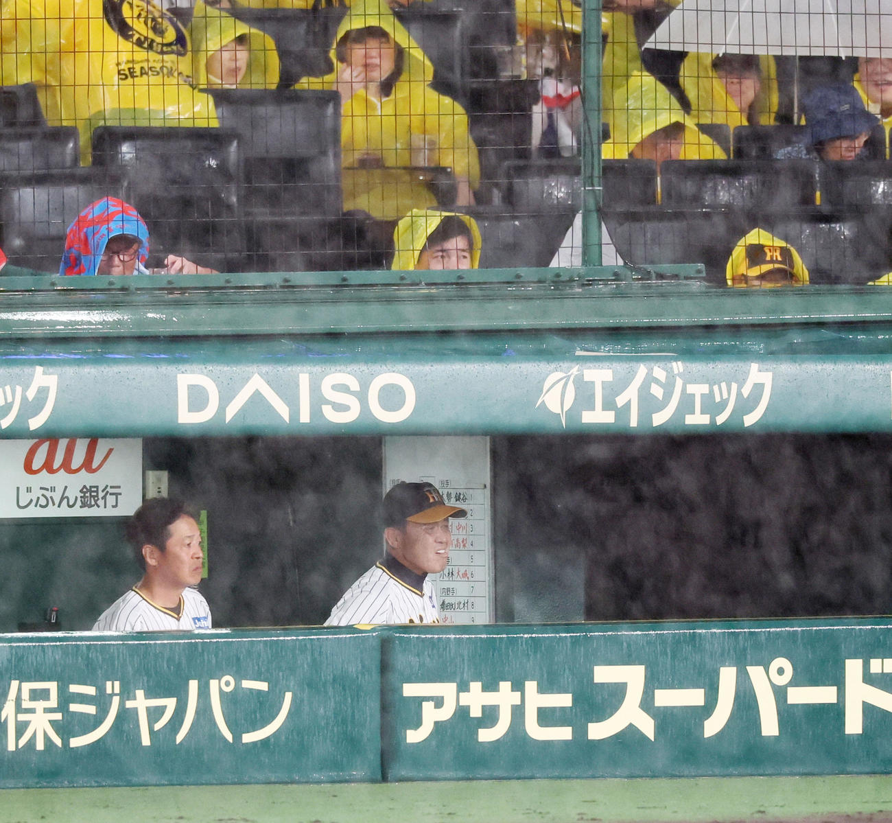 阪神対巨人　3回裏阪神無死、降雨中断となりグラウンドを見る岡田監督（撮影・加藤哉）