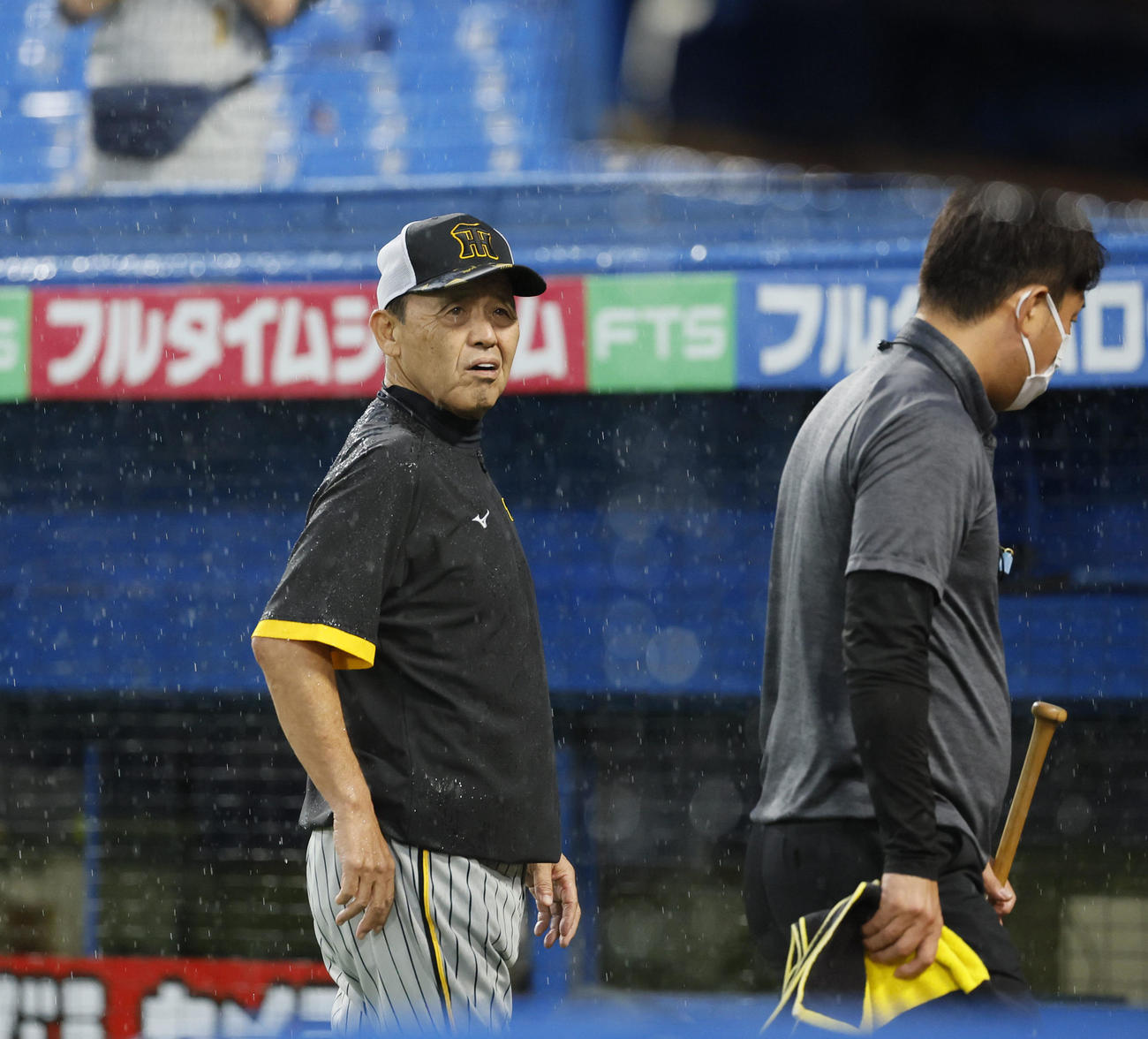 ヤクルト対阪神　練習を終えベンチに戻る阪神岡田監督（撮影・藤尾明華）