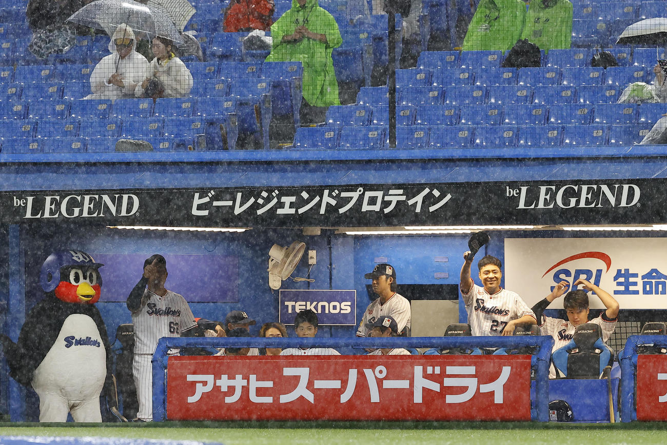 ヤクルト対阪神　阪神ベンチにあいさつするヤクルト中村（右から2人目）（撮影・藤尾明華）