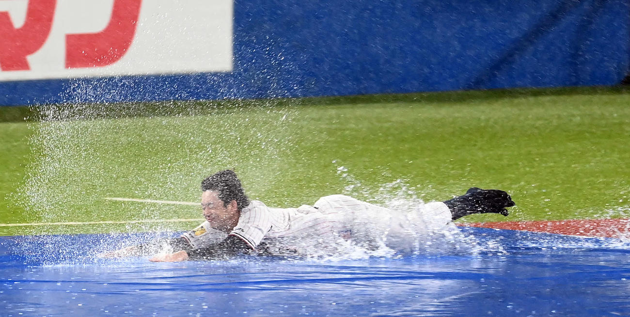 ヤクルト対阪神　雨天中止となりヘッドスライディングをして会場を沸かせるヤクルト長岡（撮影・たえ見朱実）