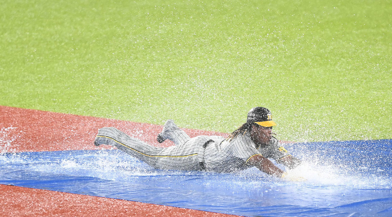 ヤクルト対阪神　雨天中止となりヘッドスライディングをして会場を沸かせた阪神ミエセス（撮影・たえ見朱実）