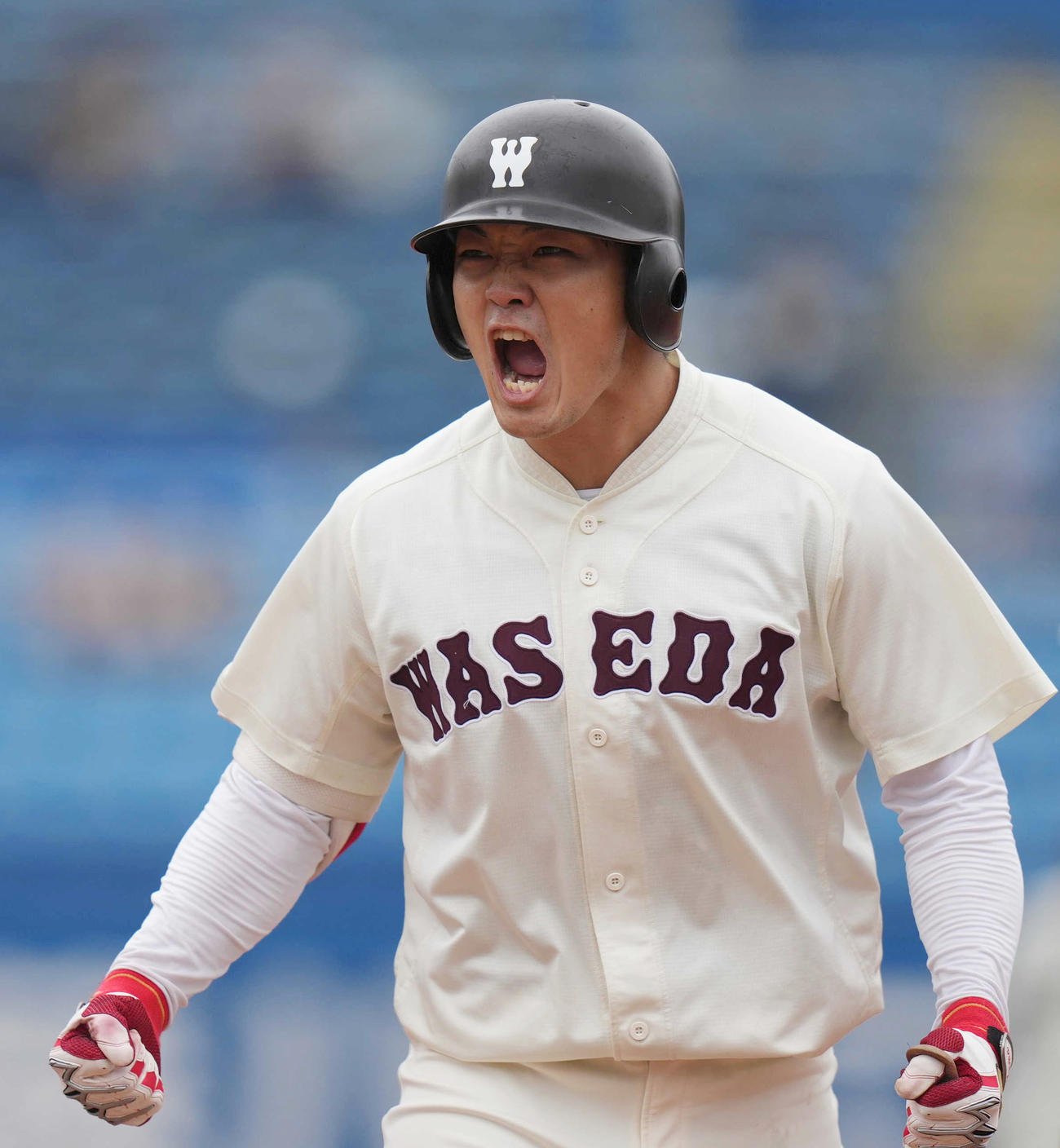明大対早大　4回裏早大2死三塁、適時打を放ち、雄たけびを上げる早大・熊田（撮影・狩俣裕三）