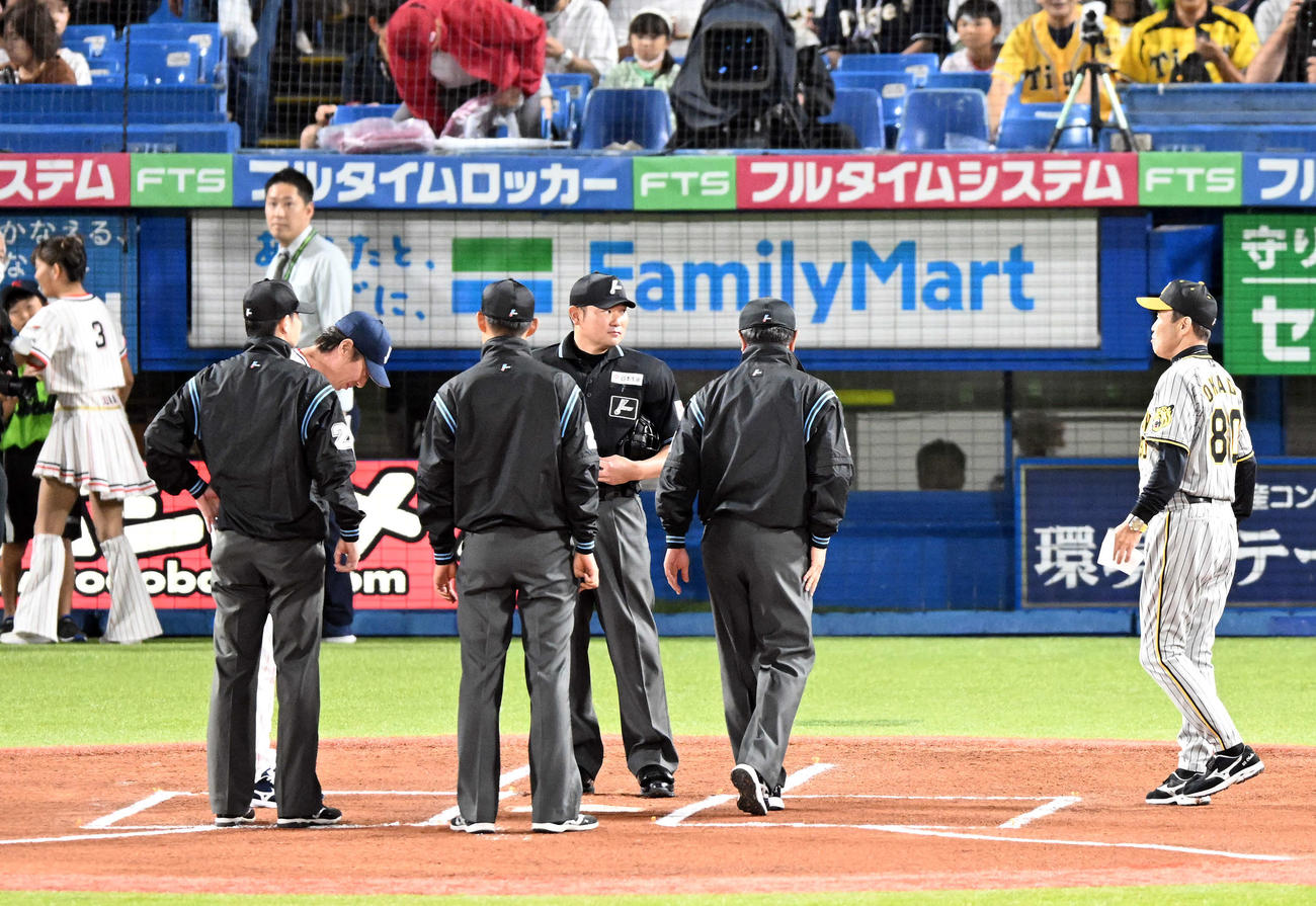 ヤクルト対阪神　試合前のメンバー表の最終確認で、あいさつを交わすヤクルト高津監督（左）と阪神岡田監督（撮影・たえ見朱実）