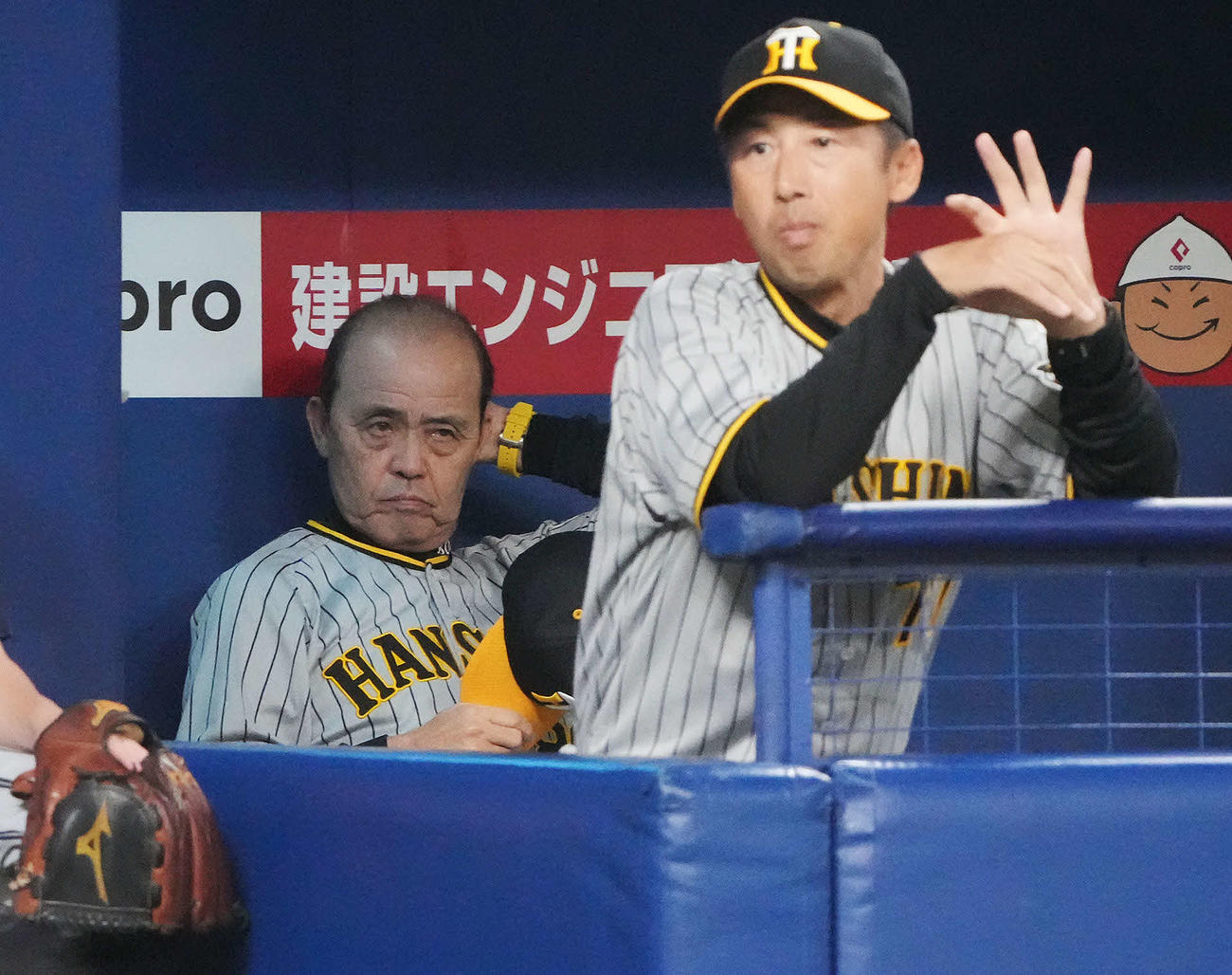 中日対阪神　3回表、ベンチから試合を見つめる岡田監督（左）（撮影・森本幸一）
