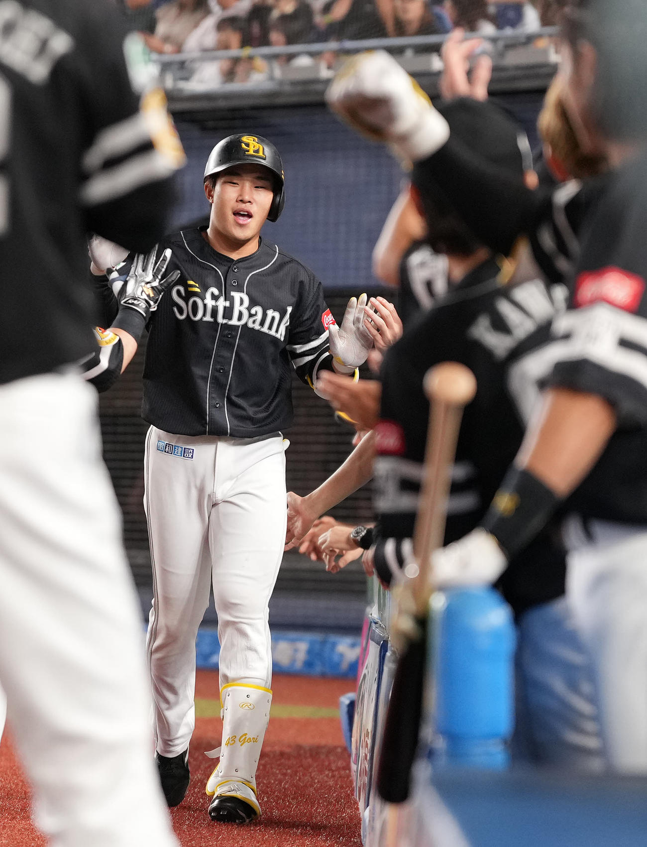 ロッテ対ソフトバンク　5回表ソフトバンク無死、プロ初本塁打の左越えソロ本塁打を放った井上はナインと笑顔でハイタッチ（撮影・鈴木みどり）