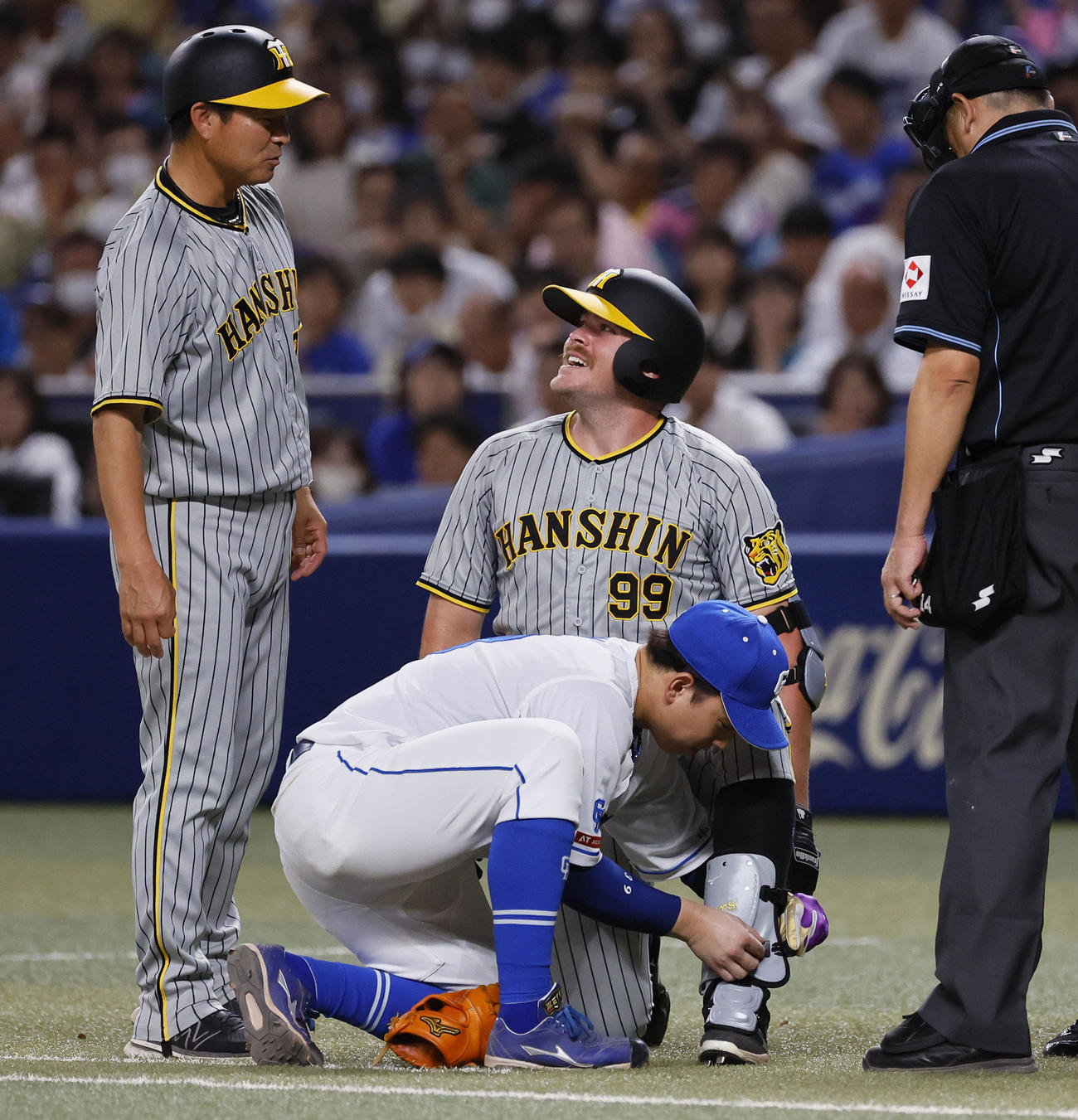 中日対阪神　7回表阪神無死一塁、ビーズリーのすね当てを付けてあげる中日宇佐見（撮影・藤尾明華）