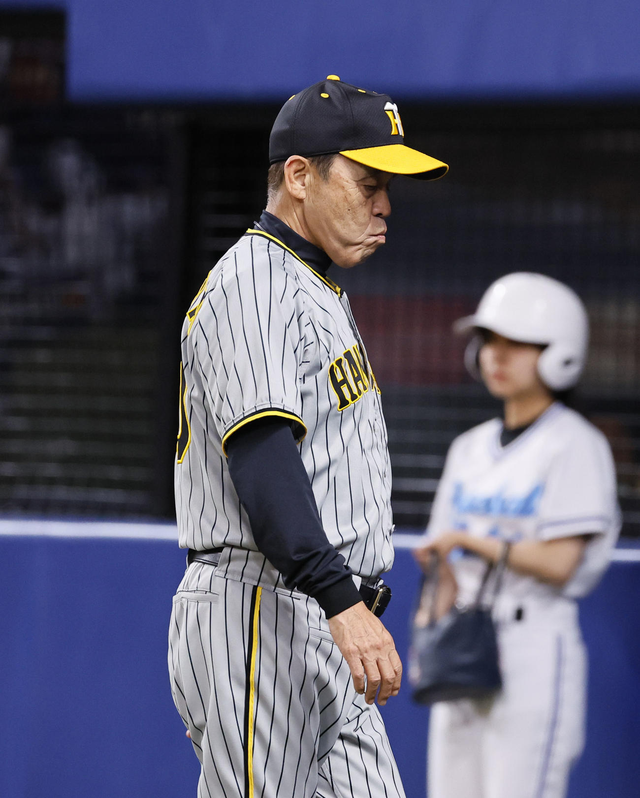 中日対阪神　6回、交代を告げベンチに戻る岡田監督（撮影・藤尾明華）