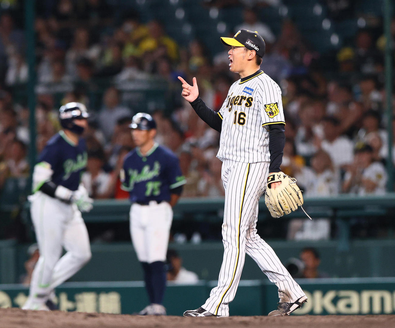 阪神対ヤクルト　7回表ヤクルト1死、西勇（手前）は村上を二ゴロに仕留め声を上げる（撮影・上山淳一）