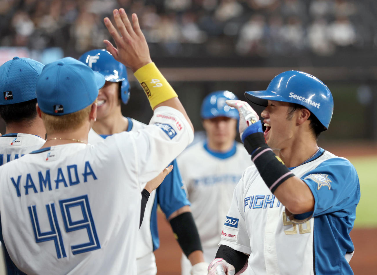 日本ハム対ロッテ　6回裏日本ハム無死二塁、右越え2点本塁打を放ちナインに出迎えられる細川（右）（撮影・佐藤翔太）