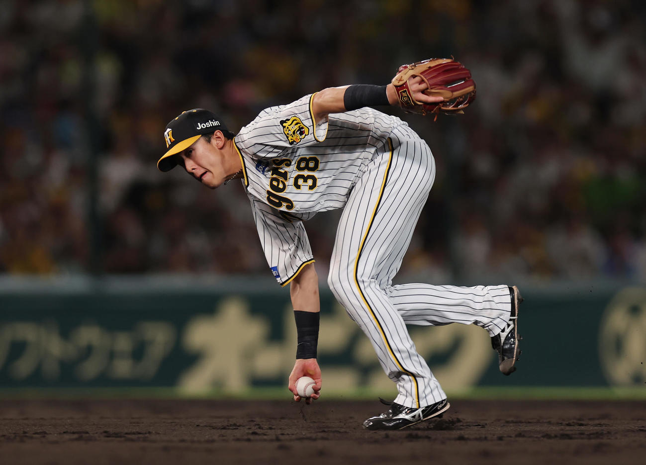 阪神対ヤクルト　5回表ヤクルト2死、西勇がはじいた中村の打球を軽快にさばく遊撃手小幡（撮影・前田充）
