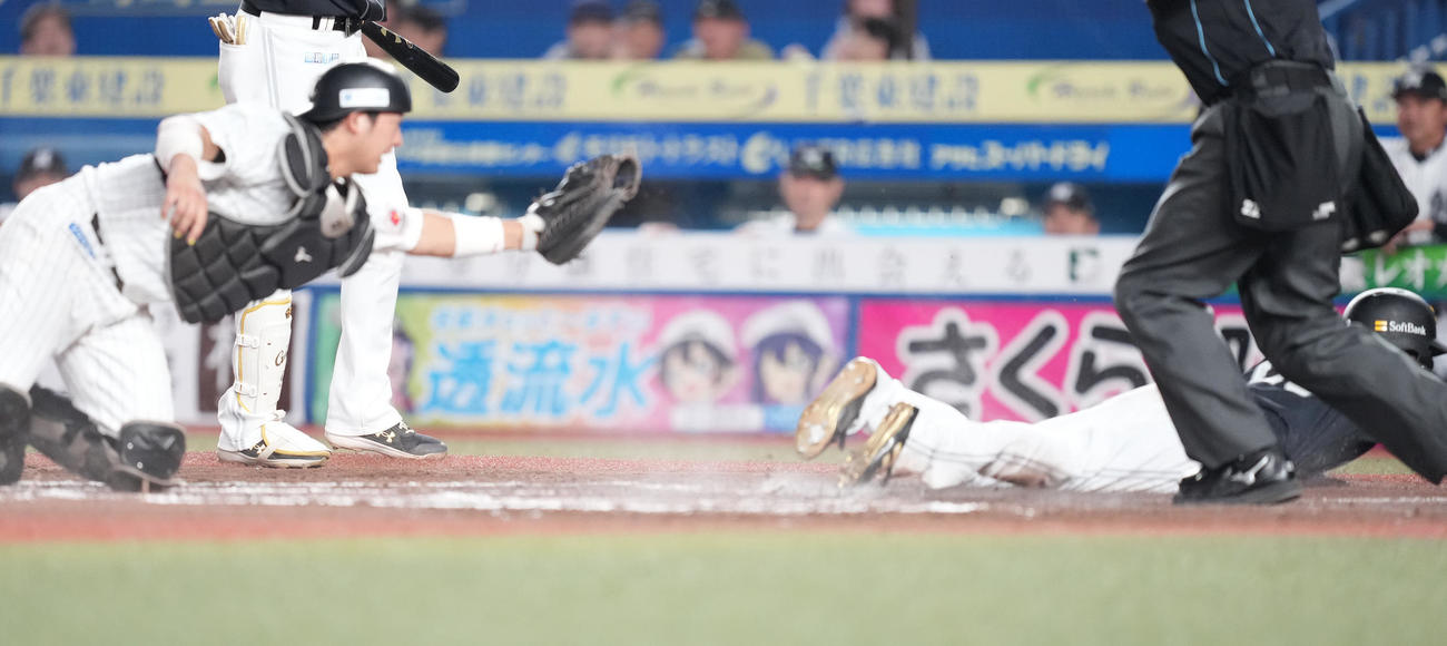 ロッテ対ソフトバンク　7回表、本盗する三塁走者周東。捕手佐藤都（23年9月25日撮影）