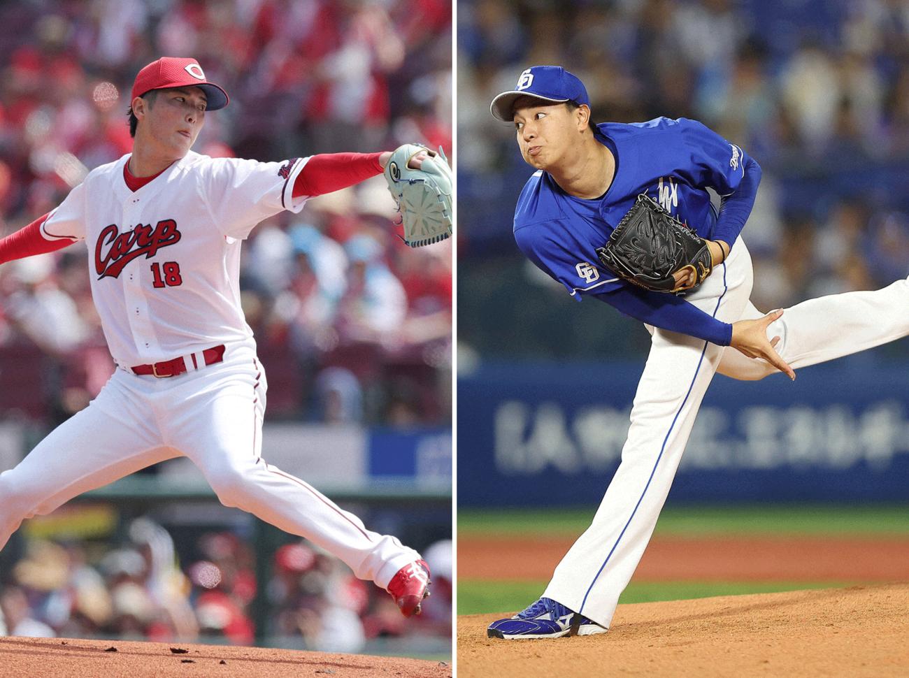 広島森下暢仁（左）と中日仲地礼亜