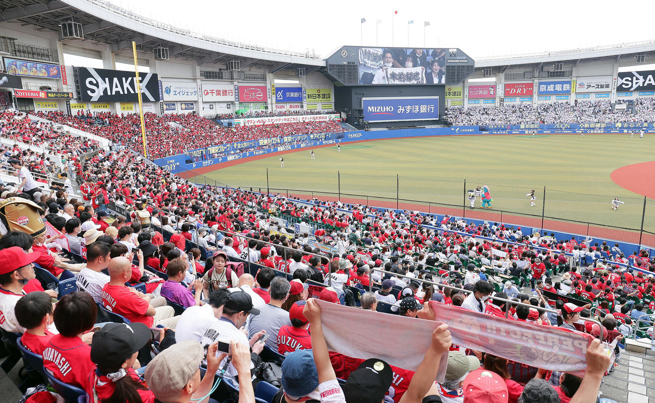 ロッテ対広島　ロッテの白と広島の赤のファンで埋まるZOZOマリンスタジアム（2023年6月10日撮影）