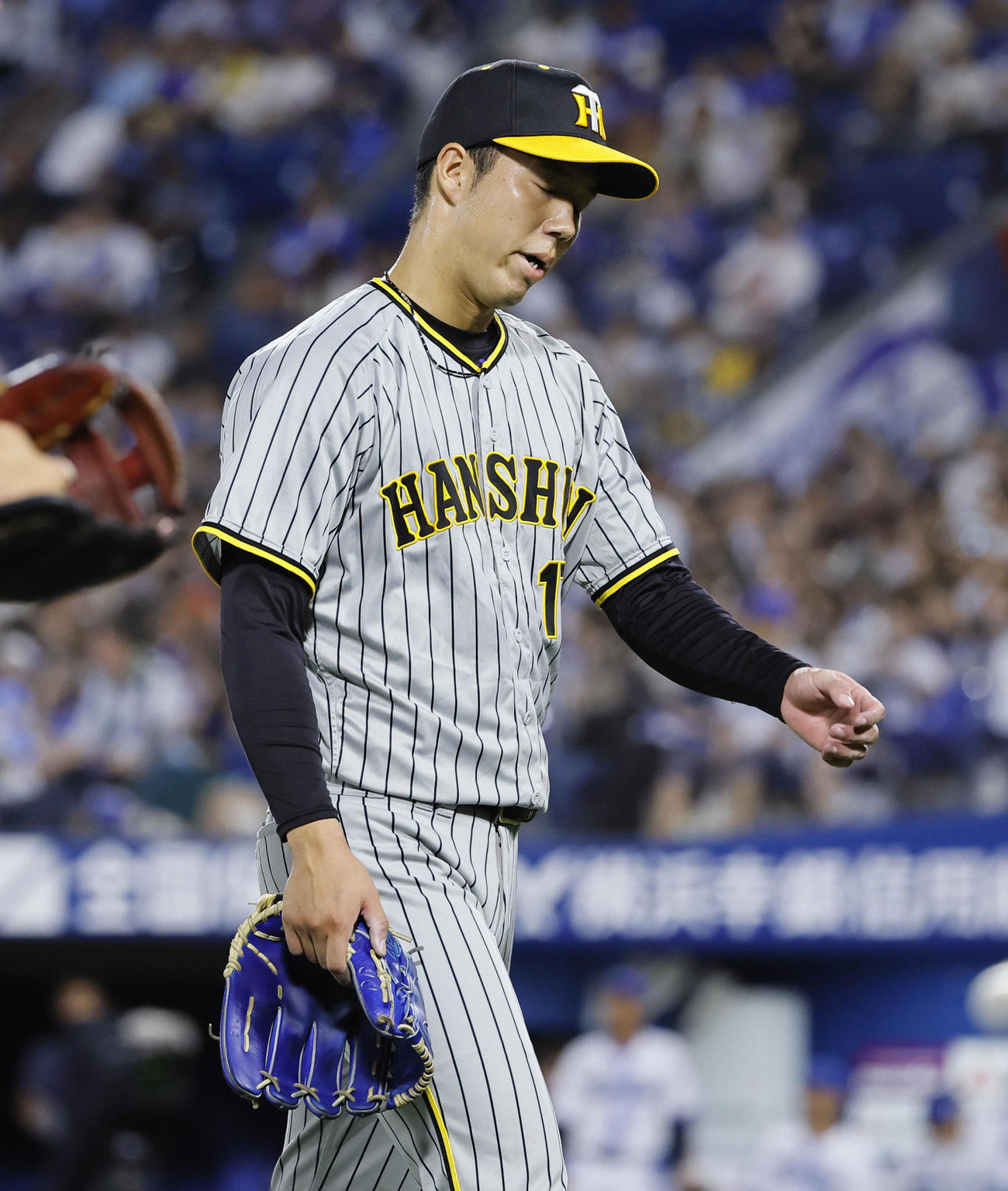 DeNA対阪神　2回を終え、渋い表情でベンチに戻る阪神青柳（撮影・藤尾明華）