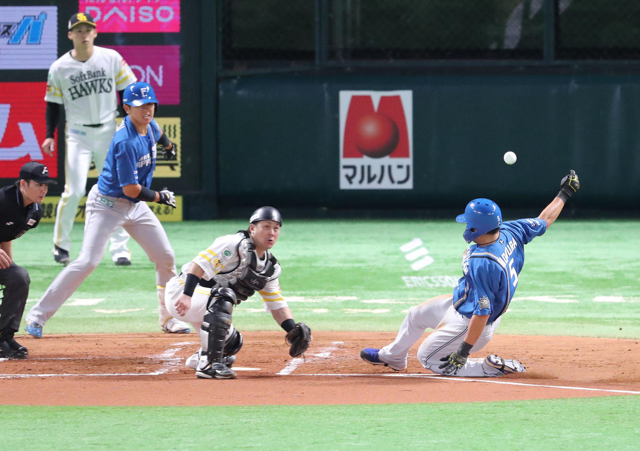 ソフトバンク対日本ハム　2回表日本ハム1死一塁、田宮の中越え先制適時二塁打で生還する野村（撮影・梅根麻紀）