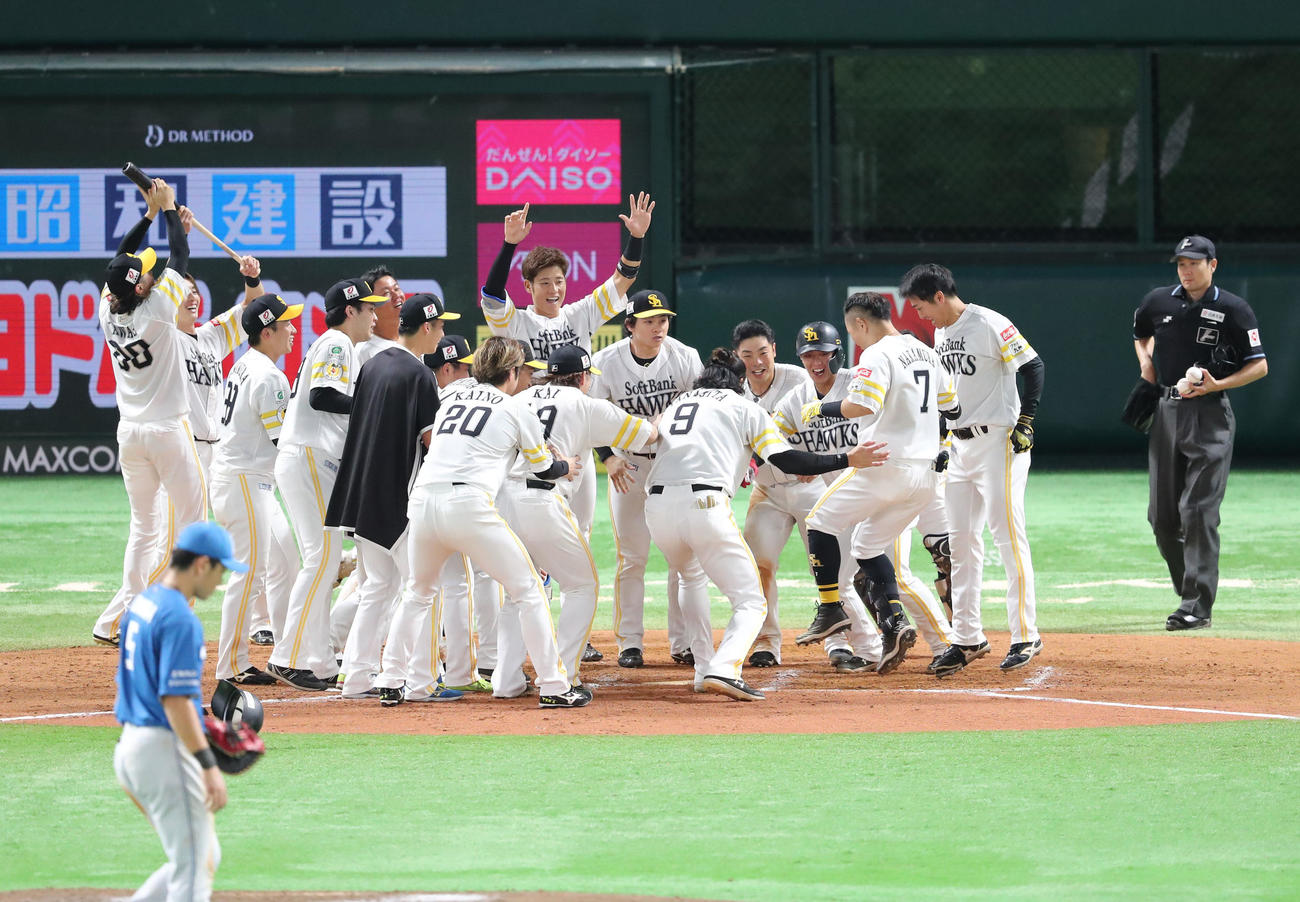 ソフトバンク対日本ハム　9回裏ソフトバンク1死、中村晃は右越えにサヨナラとなる本塁打を放つ、大喜びのナイン（撮影・梅根麻紀）
