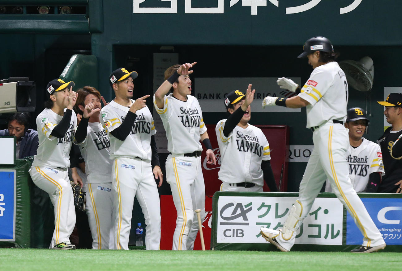ソフトバンク対日本ハム　9回裏ソフトバンク無死、柳田は右越え本塁打を放ちベンチのナインとタッチを交わす（撮影・冨田成美）