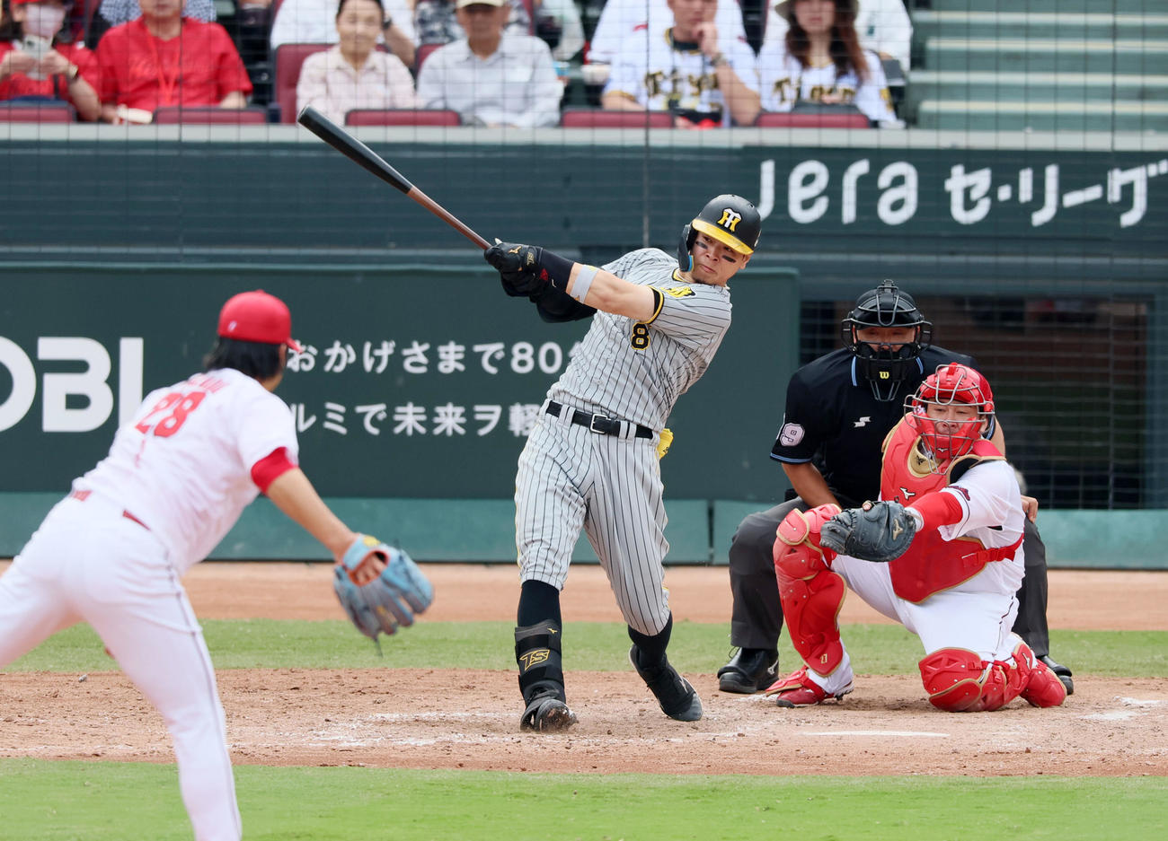 広島対阪神　5回表阪神無死一、二塁、佐藤輝明は右越え3点本塁打を放つ。投手は床田（撮影・加藤哉）