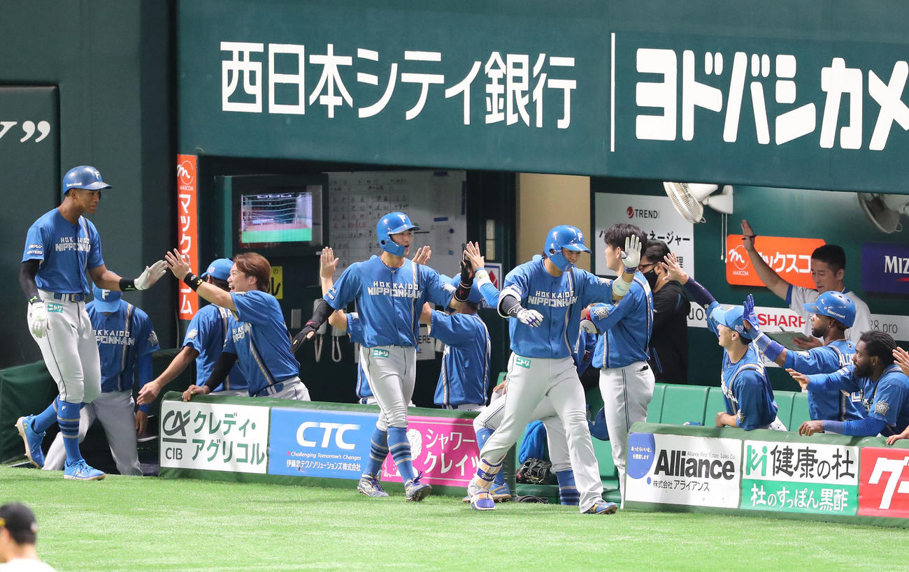 ソフトバンク対日本ハム　3回表日本ハム無死一、三塁、田宮は右越え逆転3点本塁打を放ちナインとハイタッチ（撮影・梅根麻紀）