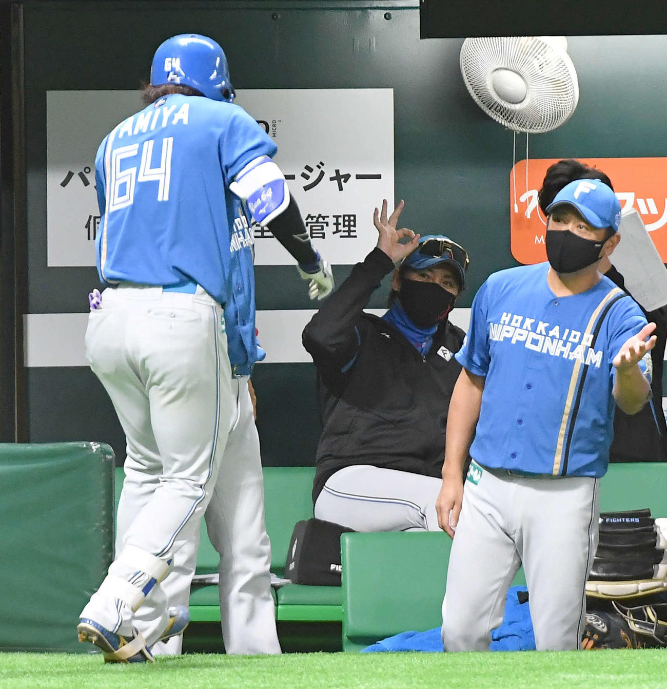 ソフトバンク対日本ハム　3回表日本ハム無死一、三塁、逆転3点本塁打を放った田宮（左）にOKポーズを見せる新庄監督（撮影・岩下翔太）