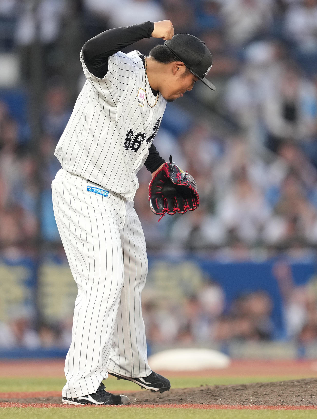 ロッテ対西武　プロ初セーブのロッテ沢田はガッツポーズ（撮影・鈴木みどり）