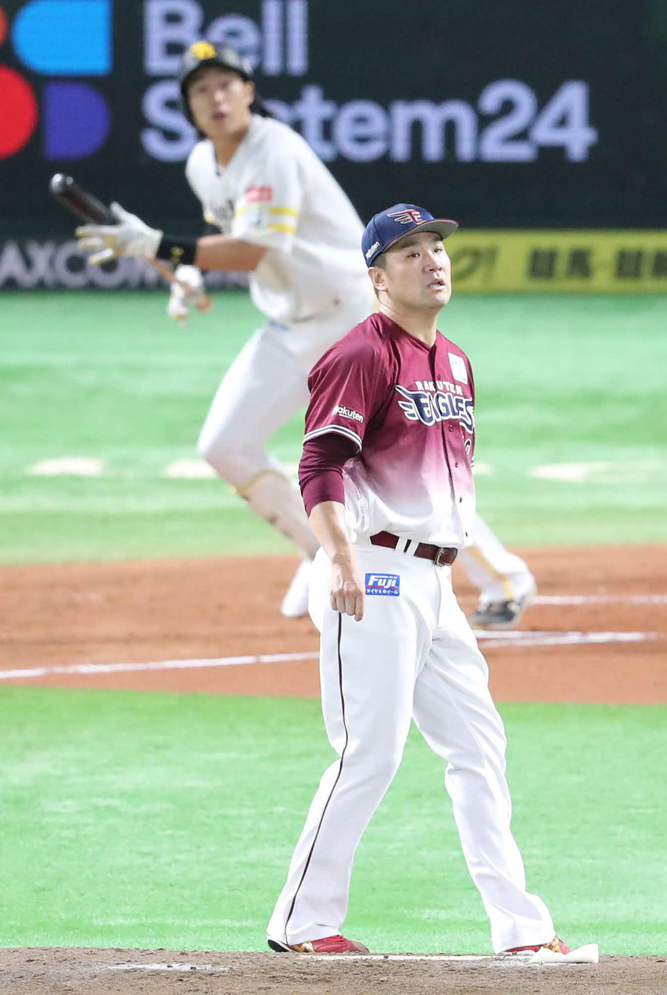 ソフトバンク対楽天　1回裏ソフトバンク1死二塁、柳田に左前先制適時打を許す田中将（撮影・梅根麻紀）