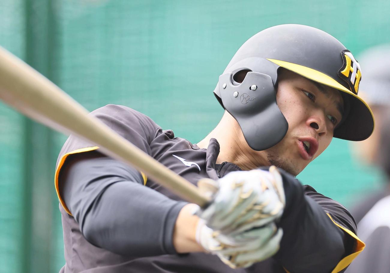 打撃練習をして汗を流す佐藤輝（撮影・上田博志）