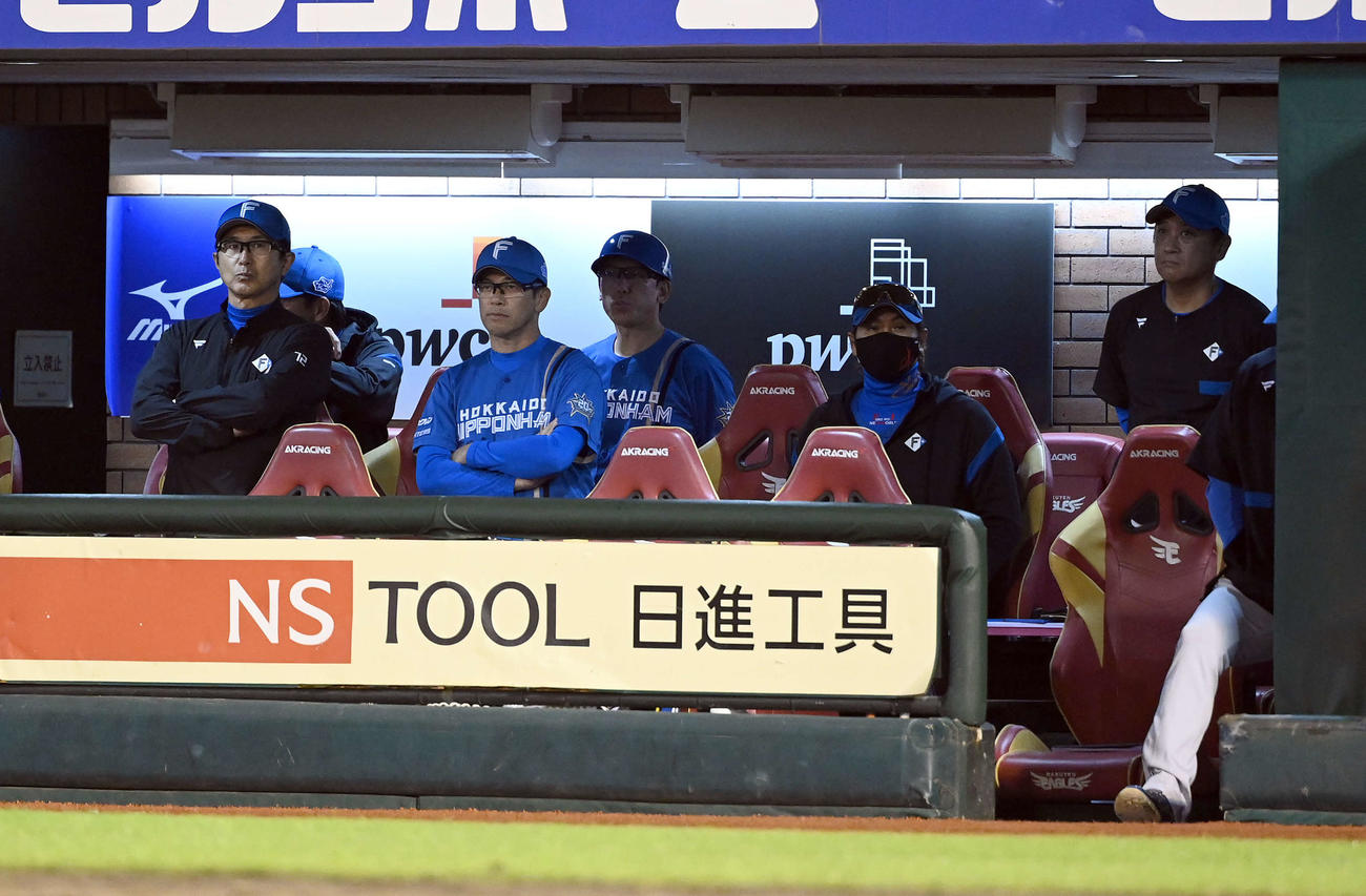 楽天対日本ハム　戦況を見つめる日本ハム新庄剛志監督（右から2人目）ら首脳陣（撮影・たえ見朱実）