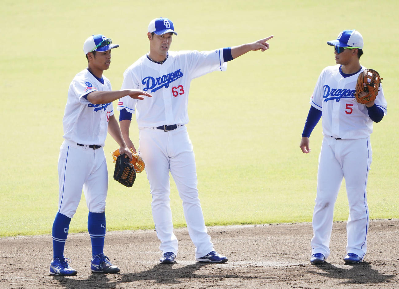 樋口、村松らにアドバイスをする堂上内野守備走塁コーチ（中央）（撮影・森本幸一）