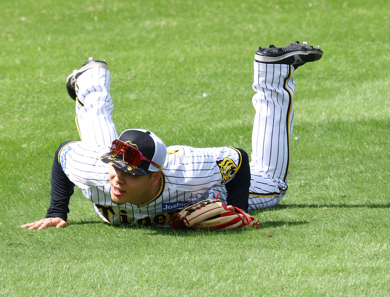 外野で球拾いをし、転がる阪神佐藤輝（撮影・上山淳一）