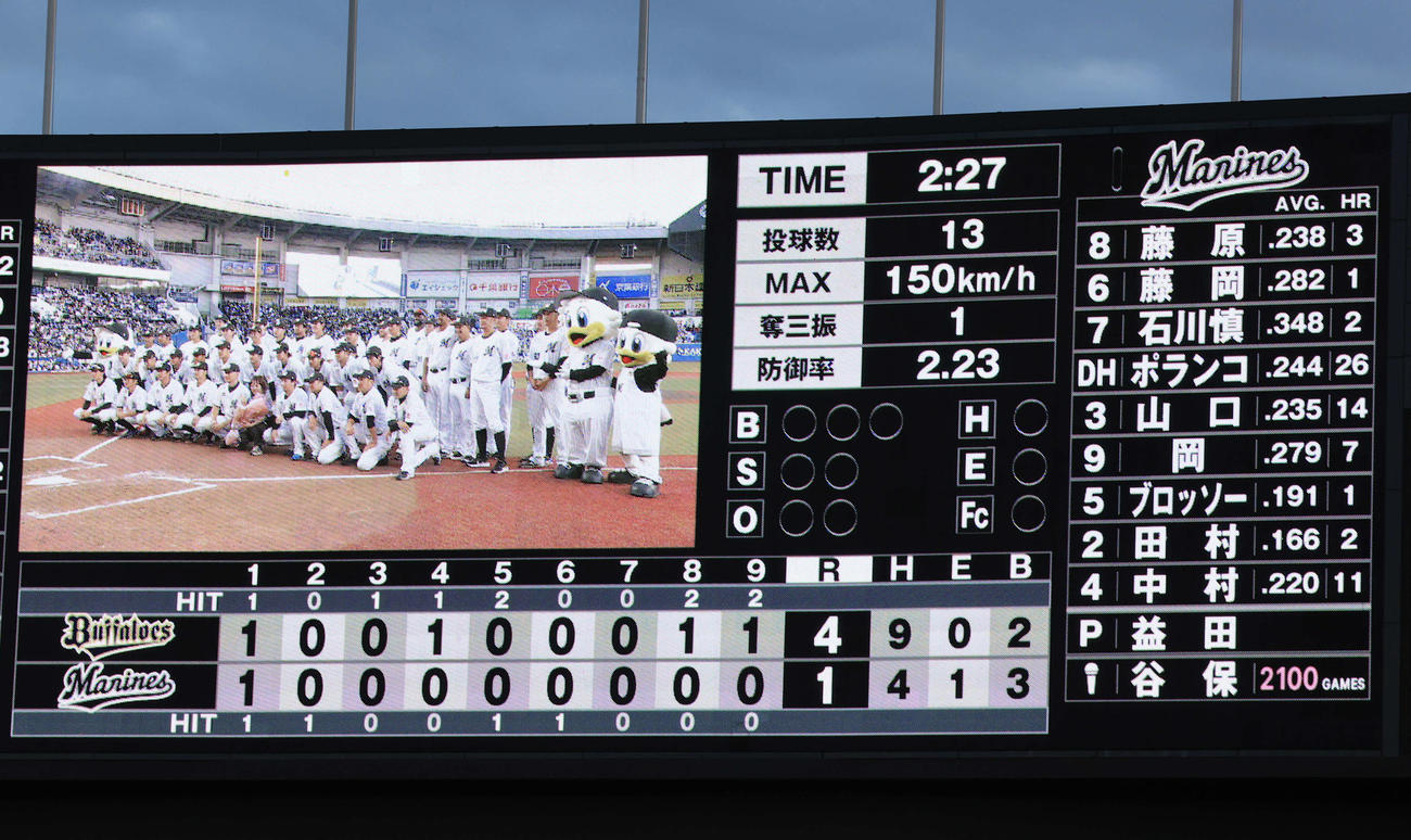ロッテ対オリックス　今季限りで場内アナウンサーから卒業する谷保恵美さんをたたえて、終了後のスコアボードにはマイクのマークと谷保さんの名前が入った（撮影・浅見桂子）