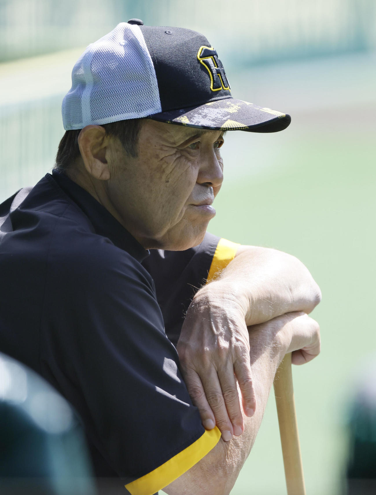 投内連携を見つめる阪神岡田監督（撮影・藤尾明華）