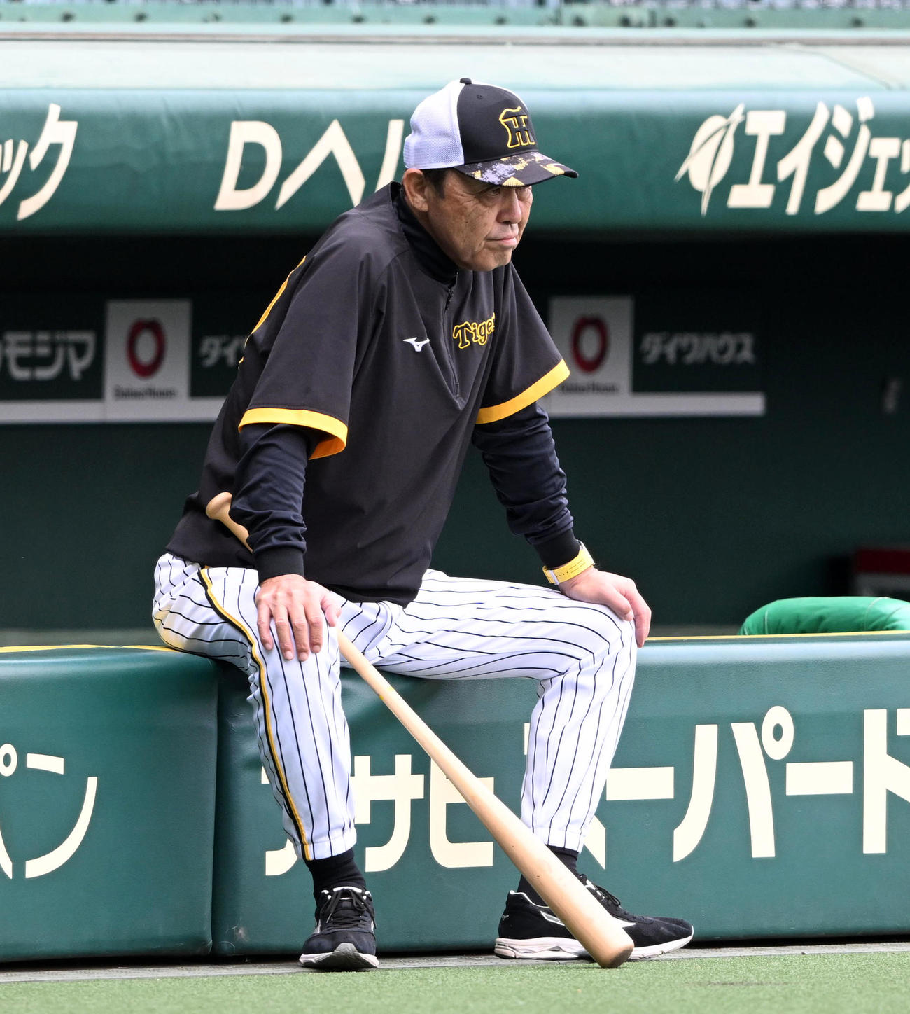 投内連係を見守る岡田監督（撮影・前岡正明）
