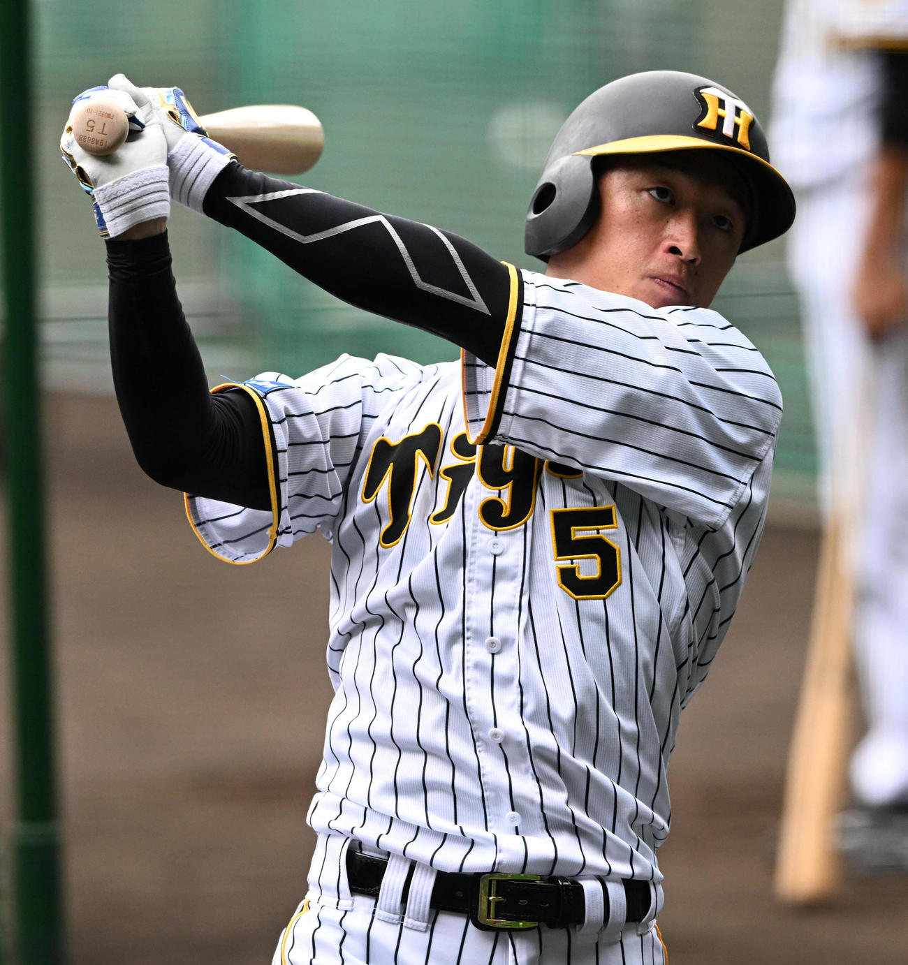 ティー打撃を行う近本（撮影・前岡正明）