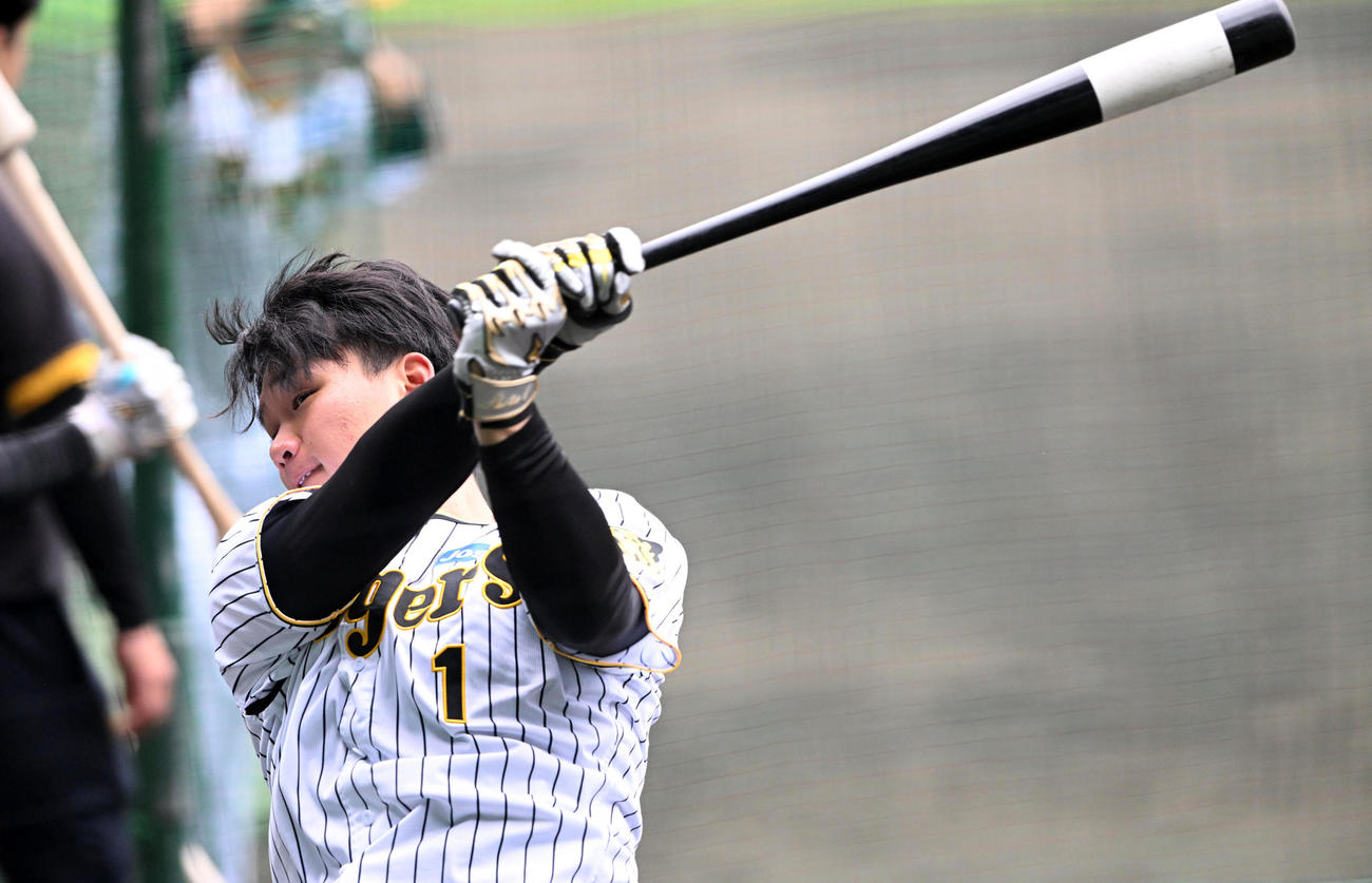 ティー打撃を行う森下（撮影・前岡正明）