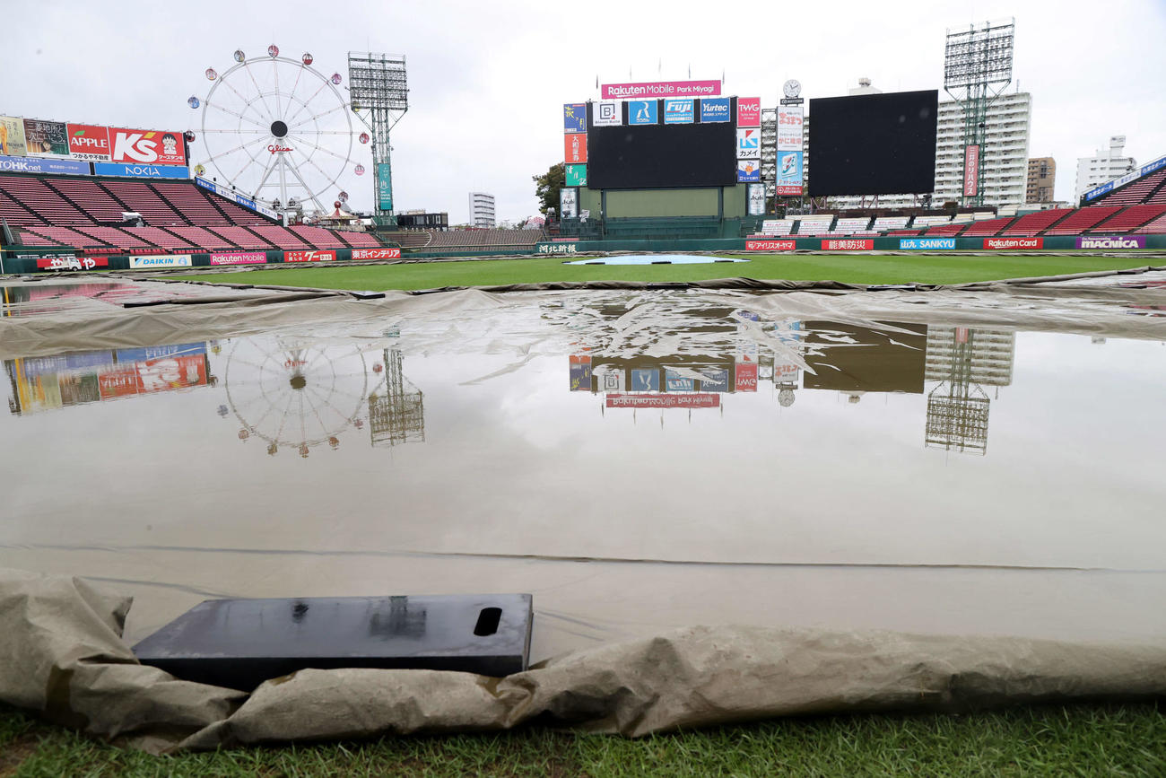 楽天対ロッテ　シートも水浸しになり、雨天中止となった楽天モバイルパーク（撮影・浅見桂子）
