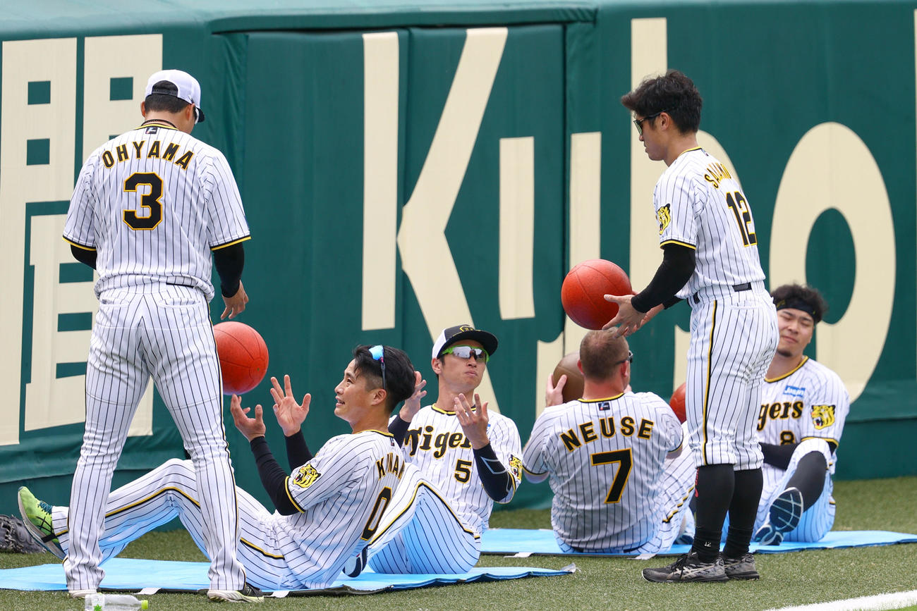 トレーニングに励む、左から大山、木浪、近本、ノイジー、坂本、佐藤輝（撮影・上山淳一）
