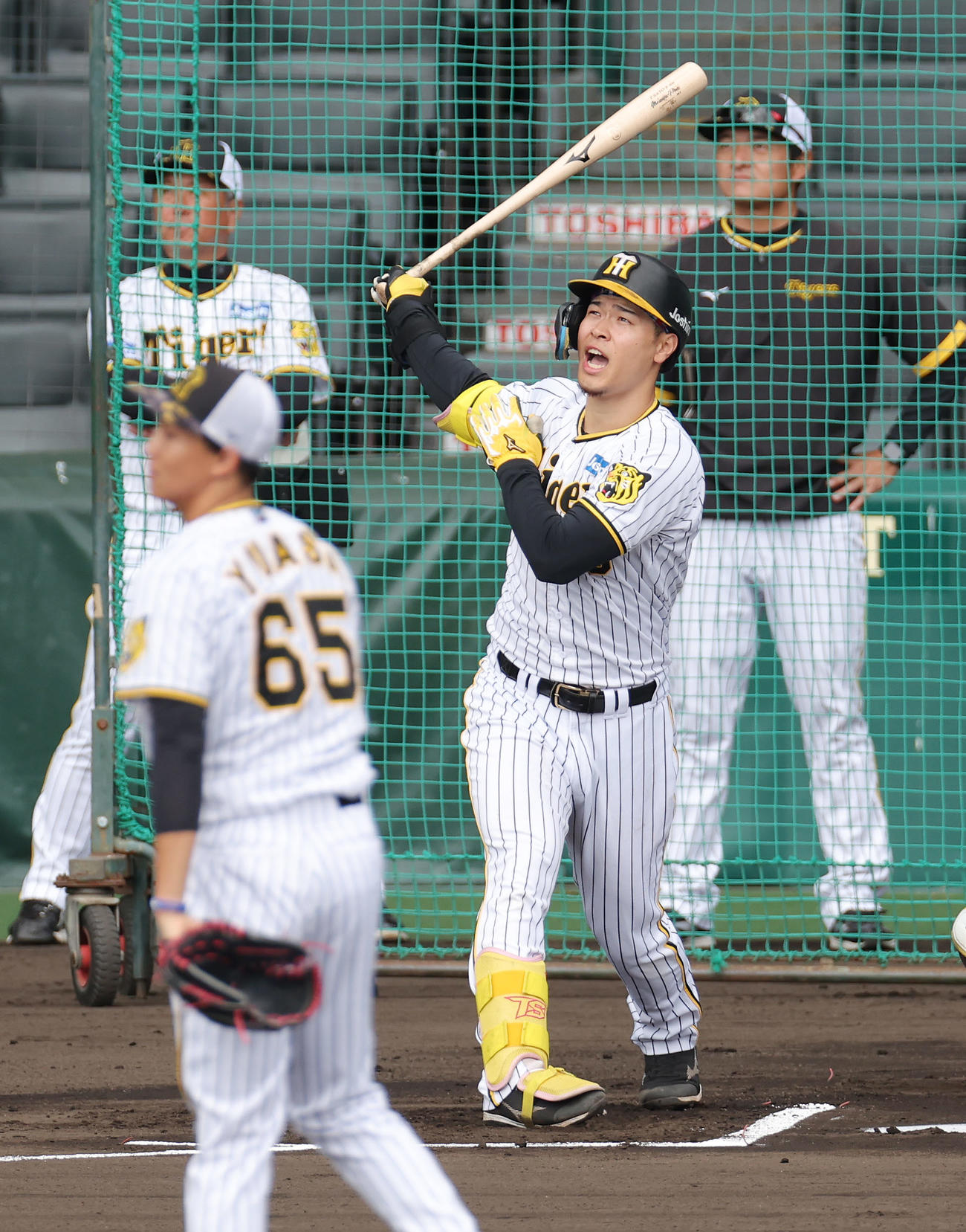 シート打撃に臨む阪神佐藤輝。投手湯浅（撮影・前田充）