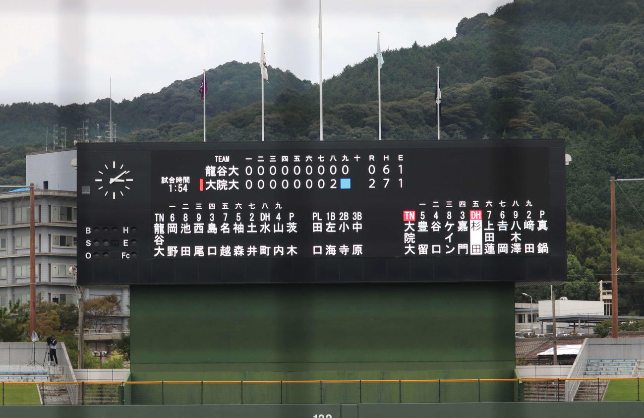 関西6大学野球　大院大対龍谷大　最終節1回戦　試合のスコア（撮影・中島麗）