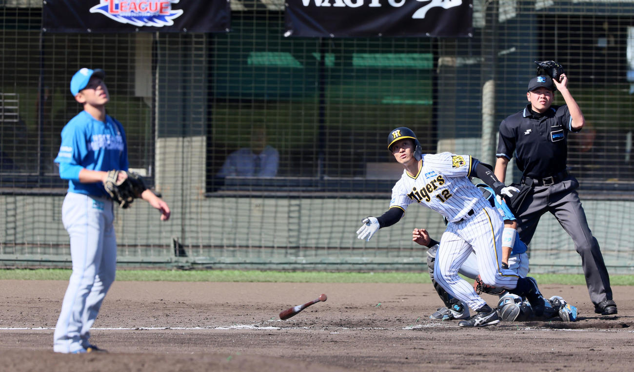 阪神対日本ハム　6回裏阪神2死満塁、坂本は中適時二塁打を放つ。投手は根本（撮影・加藤哉）